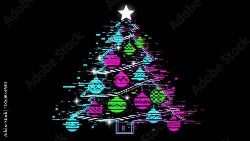 Vibrant Glitch Art Christmas Tree with Neon Ornaments and Star on Dark Background.