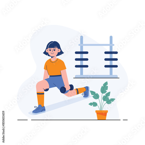 A woman performing lunges with dumbbells trendy flat illustration