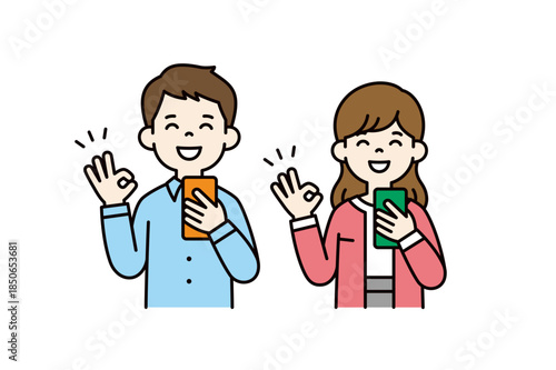 スマートフォンを持ってOKのハンドサインをする、男女・夫婦のベクターイラスト素材＿カラー