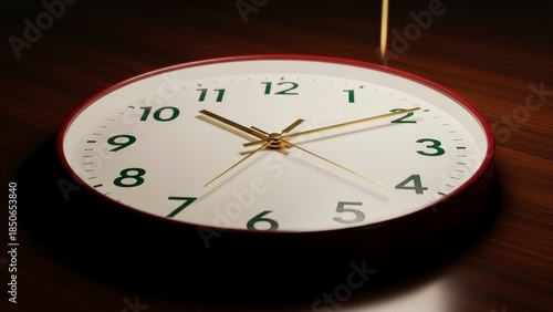 Close-up of a classic round wall clock with a white face and gold hands, showing the time.