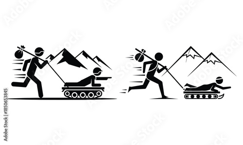 Person dragging companion on a sled through mountains