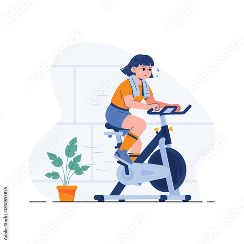 A woman cycling on stationary bike for cardio fitness training flat illustration