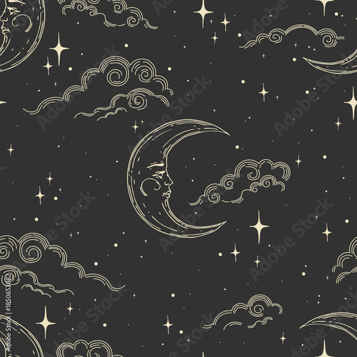 Seamless vector pattern with stars, crescent and clouds. Magic pattern for astrology, textiles, wrapping paper, design.