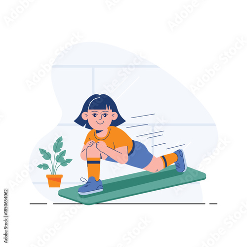 A visually appealing flat illustration of a woman performing mountain climber exercise for cardio