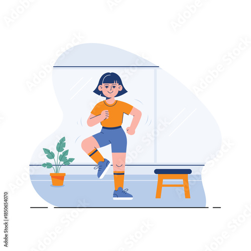 A premium flat illustration of a woman performing step cardio exercise