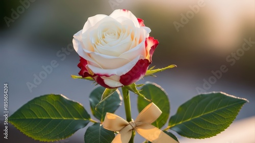 Beautiful White and Red Rose with a Golden Ribbon in Soft Sunlight.
