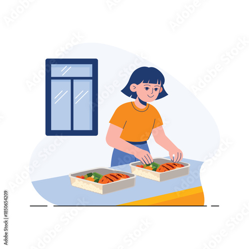 Illustration of a woman preparing healthy meal for fitness and workout diet
