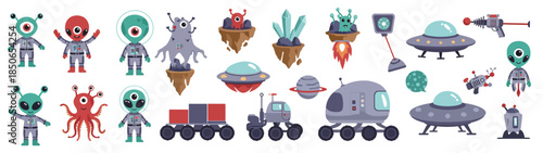 collection of cartoon aliens spaceships and celestial
