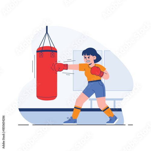 A well designed flat illustration of a woman practicing boxing workout with punching bag