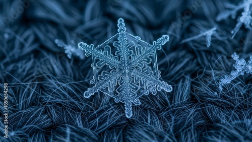 Macro Photograph of a Delicate Snowflake Resting on a Textured Surface.
