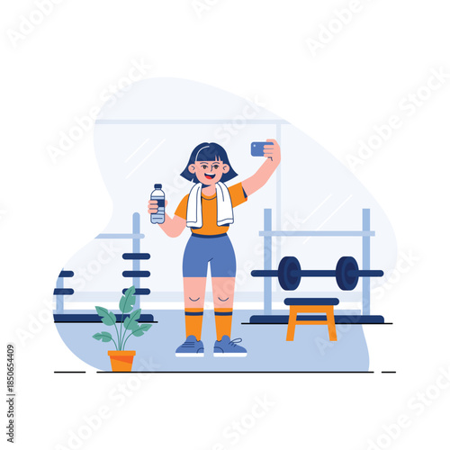 Flat illustration of a woman holding water bottle and phone after gym workout