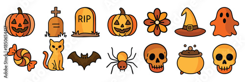  cute halloween doodle icons set with pumpkin cat skull 