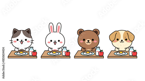 Cute Kawaii Animals Eating Breakfast Flat Illustration. Perfect for children content, education, healthy food concepts, stickers, nursery designs, and stock illustrations.