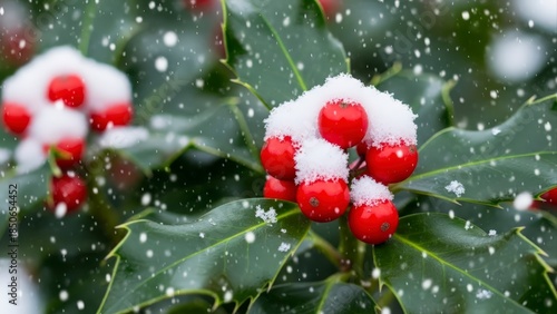 Vibrant Red Holly Berries Dusted with Fresh Snowflakes on a Winter Day.