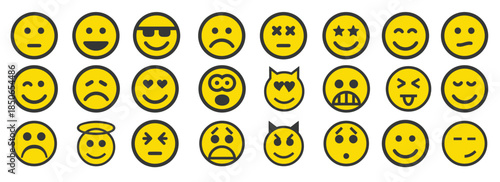 Diverse Collection of Yellow Emoticons Showing Various Expressions and Emotions for Digital Communication