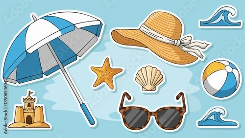 Summer Beach Vacation Essentials Collection With Umbrella Hat Sunglasses And Sandcastle.