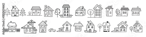 Doodle home set. Hand drawn cute houses of different shapes and types.