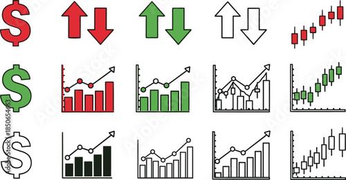 Stock market indicator icon set, multicolor illustration of financial trends, currency symbols, and investment analysis concept graphic