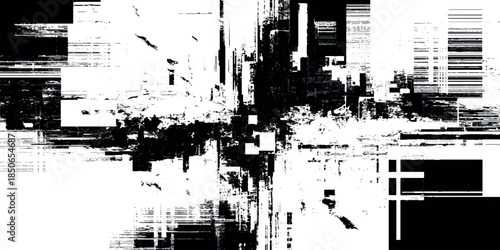 Monochromatic abstract glitch grunge featuring intense static noise featuring horizontal streaks of black, white, and varying shades of gray.