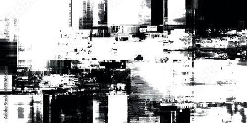 Monochromatic abstract glitch grunge featuring intense static noise featuring horizontal streaks of black, white, and varying shades of gray.