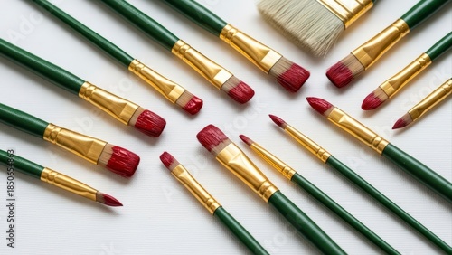 Assortment of various artist paintbrushes with green handles and gold ferrules, arranged on a white background.