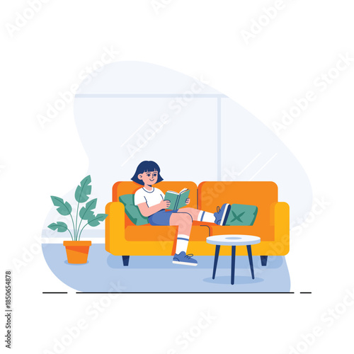 Flat illustration of a woman resting on sofa after workout for recovery
