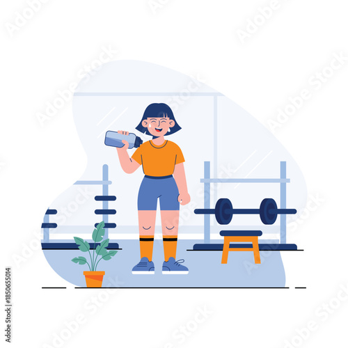 Flat illustration of a woman drinking water after gym workout for hydration