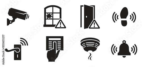 home security sensors and equipment icons set black
