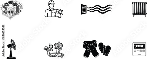 Black and white illustrations of various objects and symbols