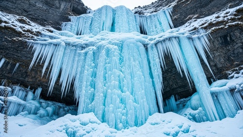 Stunning frozen waterfall with massive icicles in a winter wonderland landscape.