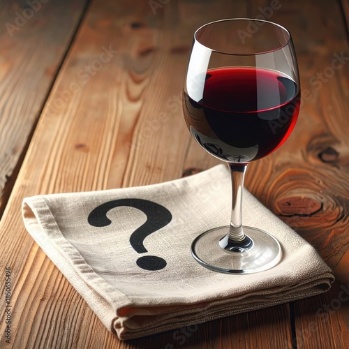 A glass of red wine rests on a linen napkin with a question mark