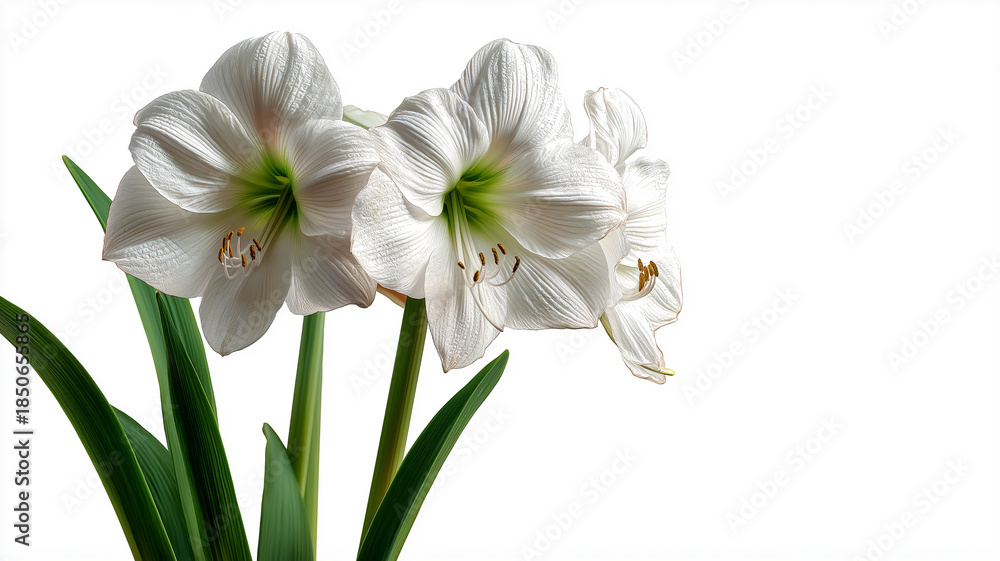 Fototapeta premium Graceful white amaryllis blooms rise from healthy green stems, creating a serene botanical display Generative AI