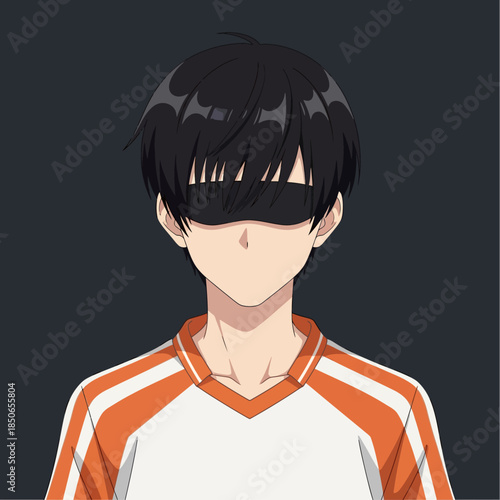 a faceless young male character with short black hair and sharp bangs