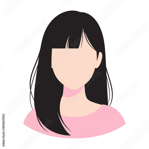 Minimalist flat vector avatar of a faceless young woman with long straight black hair