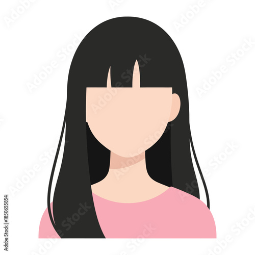 Minimalist flat vector avatar of a faceless young woman with long straight black hair