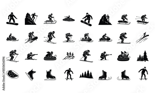 Collection of winter sport icons in silhouette