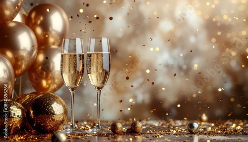 A luxurious gold-brown background for celebrating achievements, decorated with balloons, disco balls, confetti, and champagne glasses, with space for a message.