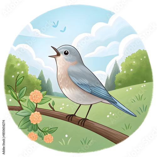 Watercolor Bluebird singing on a branch with flowers isolated on a transparent background