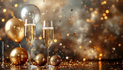 A luxurious gold-brown background for celebrating achievements, decorated with balloons, disco balls, confetti, and champagne glasses, with space for a message.