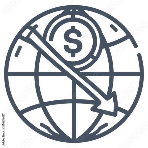 Global financial downturn concept showing a dollar coin and a downward arrow on a globe