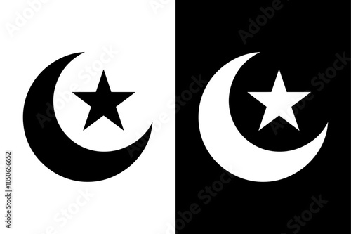 Islamic Crescent Moon and Star Symbol, Minimal Black White Silhouette Icon