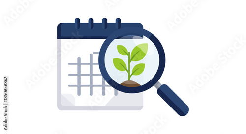 sustainability planning icon with calendar and magnifying glass focusing on growing plant symbol for eco project schedule and growth tracking
