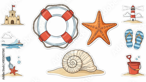 Collection of beach and summer vacation icons and illustrations.