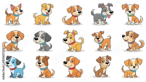 Conjunto de vectores de garabatos de perros lindos.
 Colección de diseño de personajes de perros o cachorros de dibujos animados con colores planos en diferentes poses.
 Conjunto de divertidos animale