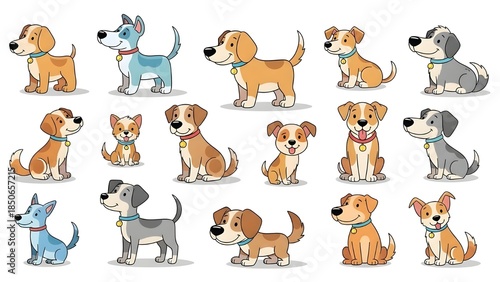 Conjunto de vectores de garabatos de perros lindos.
 Colección de diseño de personajes de perros o cachorros de dibujos animados con colores planos en diferentes poses.
 Conjunto de divertidos animale