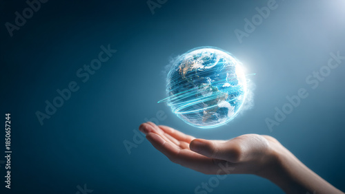  Holographic Earth Rotating Above Human Palm

