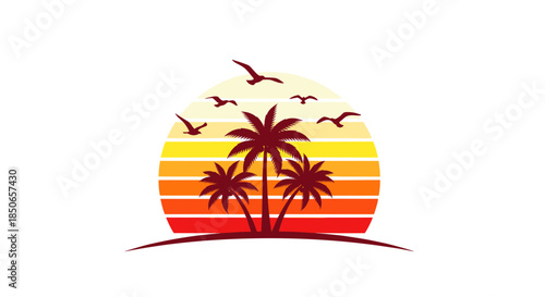 Retro Striped Sunset Circle with Silhouetted Palm Trees and Flying Birds, Tropical Holiday Design