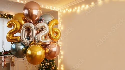 Happy New Year 2026 balloons, luxury Happy New Year 2026 balloons decoration, elegant Happy New Year 2026 balloons background copy space
