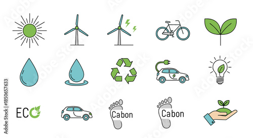 Colorful Ecology and Green Energy Icons Collection Illustrating Environmental Protection and Sustainability