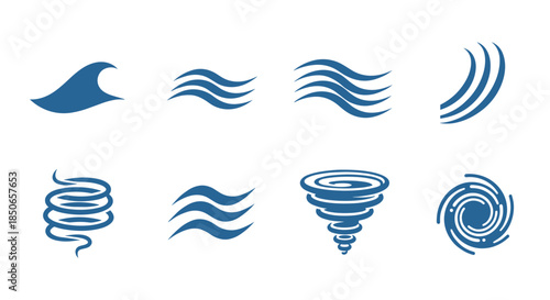 Variety of Blue Wave and Swirl Icons Representing Water Dynamics, Air Currents, and Natural Forces